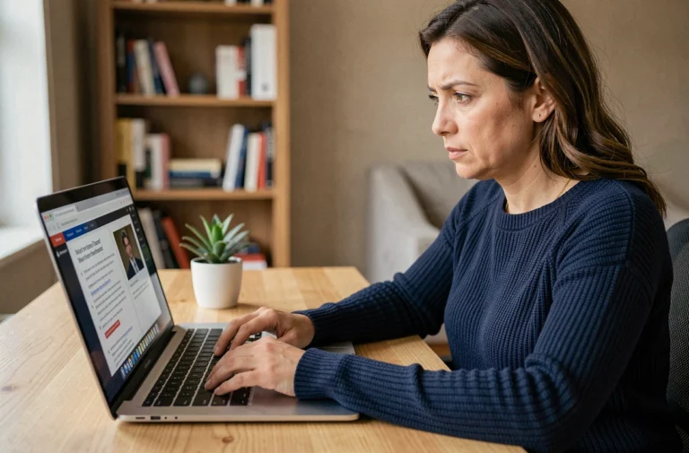 Femme travaillant sur son ordinateur portable et vérifiant la sécurité de ses données personnelles depuis son bureau à domicile
