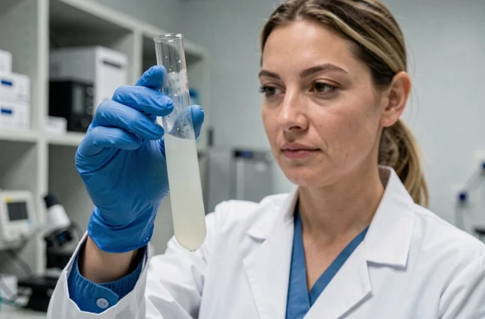 Technicienne de laboratoire tenant un tube de sérum sanguin opalescent après un repas riche en graisses, illustrant la lipémie post-prandiale