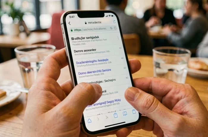 Smartphone affichant une barre d'adresse URL avec des résultats de recherche pour retrouver un site web changeant d'adresse