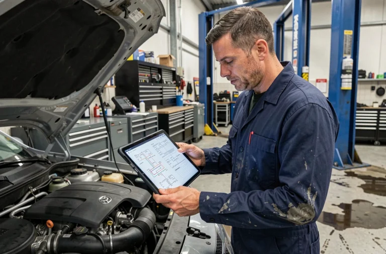 Technicien automobile consultant la documentation technique Atelio Doc sur une tablette dans un garage professionnel