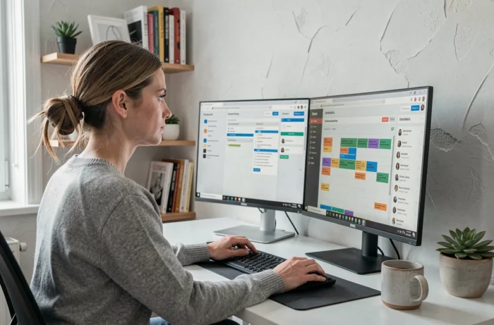 Femme professionnelle travaillant depuis son bureau à domicile avec une interface de gestion de flux de travail ConnexaFlow sur double écran