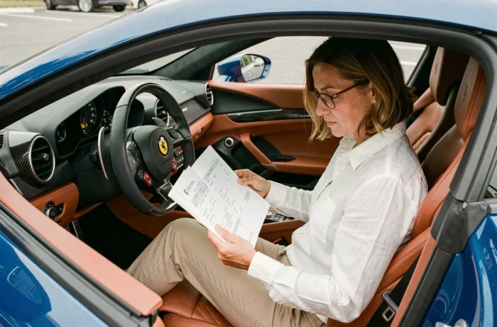 Femme examinant les documents d'historique d'entretien d'une Ferrari bleue d'occasion avant un achat